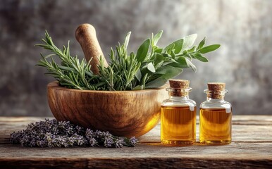 Wooden mortar and pestle with fresh rosemary and sage, lavender sprigs on a rustic table beside two corked glass bottles of golden herbal oil, calm natural wellness mood