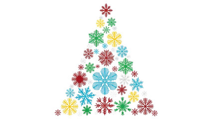 Colorful Christmas tree design made of various vibrant abstract snowflakes. isolated PNG with Transparent Background