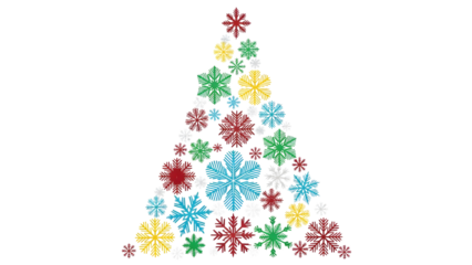 Colorful Christmas tree design made of various vibrant abstract snowflakes. isolated PNG with Transparent Background