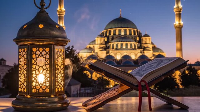 Twilight mosque with domes and minarets, an open Quran on a lectern beside a lantern, serene dusk!!!