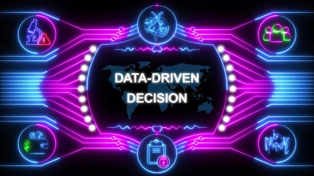 Neon lit data driven decision concept with glowing blue and pink lines and icons on black background