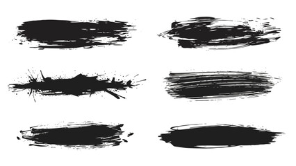 A collection of six distinct black ink brush stroke textures and splatters on a white background, showcasing artistic and grunge elements.