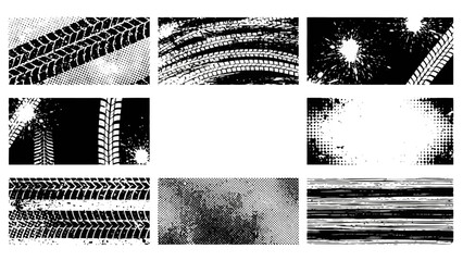 Collection of grunge tire tracks and abstract textures, perfect for graphic design and backgrounds. © Maziaa