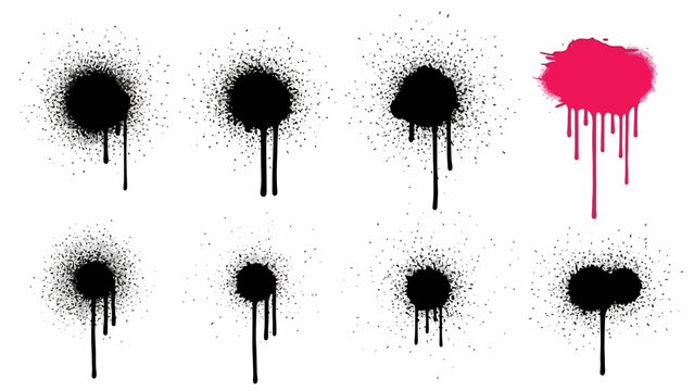 A collection of eight spray paint splatters, seven in black and one in vibrant pink, with dripping effects.