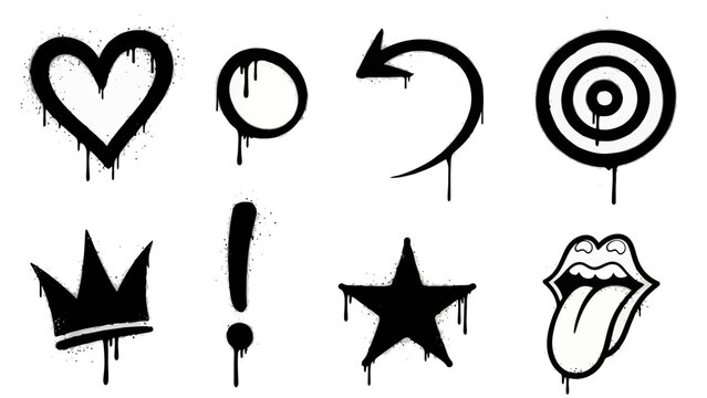 A collection of black spray paint graffiti icons including a heart, circle, arrow, target, crown, exclamation mark, star, and lips with tongue sticking out.