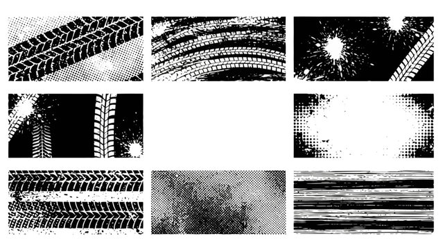 Collection of grunge tire tracks and abstract textures, perfect for graphic design and backgrounds.