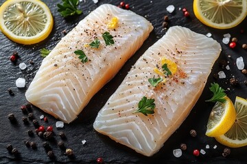 Two fresh raw fish fillets seasoned with black pepper, parsley leaves, and lemon zest, accompanied by lemon slices and scattered salt and peppercorns on a dark surface