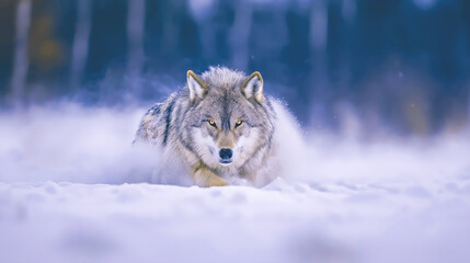 オオカミが雪塵を舞上げながら走る姿