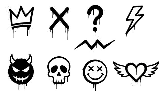 A collection of graffiti-style icons featuring a crown, X, question mark, lightning bolt, devil, skull, smiley face, and winged heart.