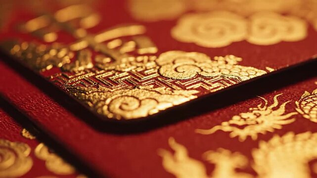 Close-up of red envelopes with ornate gold embossed dragon and cloud motifs, symbolizing good fortune and prosperity during Lunar New Year celebrations