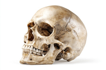 Obraz premium Skull tilted at angle, detailed teeth and bone, isolated on white, 32