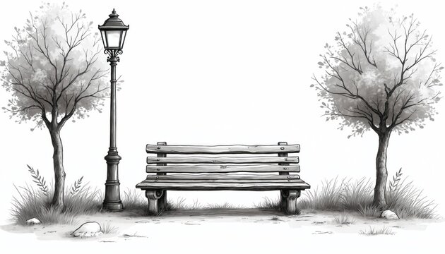 Illustration presents park scene with bench and lamppost. Trees frame the wooden bench with grass details. The artwork uses monochrome grayscale style.