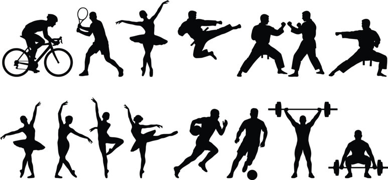 Large Collection of High Quality Black Silhouette Icons Representing Various Sports Athletics Martial Arts Dance Gymnastics and Fitness Activities for Design