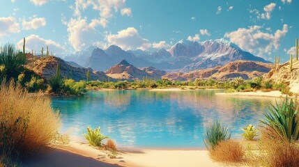 Tranquil desert oasis with turquoise lake, sandy shore, cacti and desert plants, distant snow-capped mountains under a bright blue sky with fluffy clouds