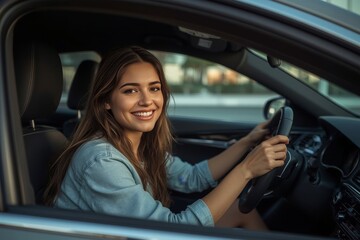 Joyful young woman driving through a sunny urban street on a cheerful day