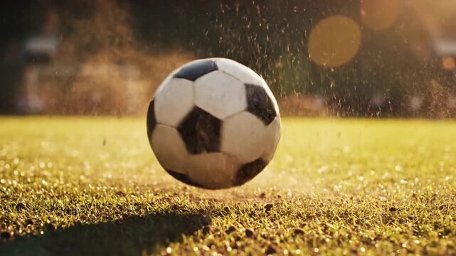 Soccer ball lifts mid-air on a sunlit field, dust and grass spray around a dynamic moment in bright!
