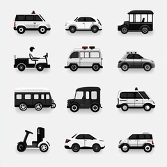 Grid of monochrome vehicle icons featuring SUVs, hatchbacks, sedans, vans, ambulance, bus, trolley, vintage car, golf cart, segway and taxi in a clean playful layout