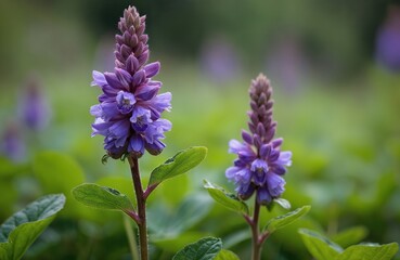 Two purple bugle flowers bloom in a green garden. These plants have small blossoms on tall spikes with serrated leaves. Natural beauty thrives with delicate violet color.