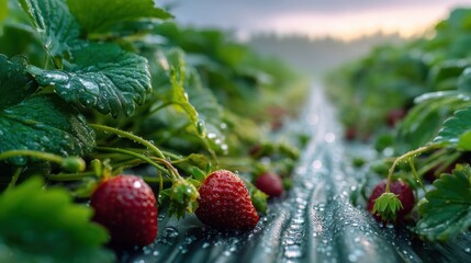 Fresh dewy strawberries in lush green field at sunrise.