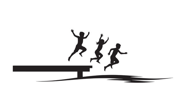 Three children joyfully jump off a diving board into water, celebrating summer fun.