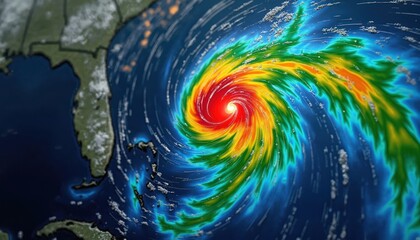 Hurricane approaches Florida on weather radar screen. Storm spirals. Visualization display shows direction tracking. Danger sign warns about cyclone, floods, disaster. Climate change impact, coast