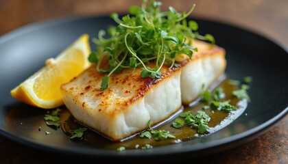 Delicious pan seared halibut fillet with lemon wedge and microgreens. The cooked seafood dish is presented on a black plate. Food photo for menu, cook book
