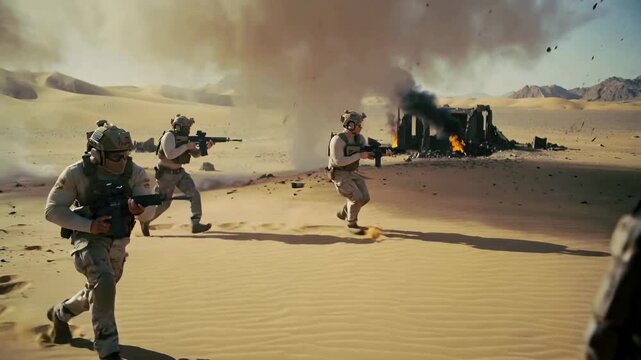 Soldiers advancing during desert combat training with explosion