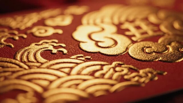 Golden chinese dragon wave pattern on red textured surface