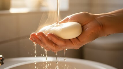 Woman Washing Hands with Soap and Water in Warm Sunlight