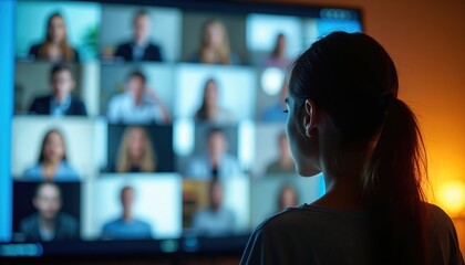 Woman watches video conference on big screen. People talk via online meeting. Remote work communication concept. Digital tech connects colleagues in virtual space.