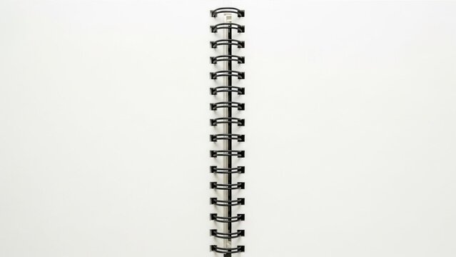 A black and white spiral notebook with a white cover, placed on a white background.