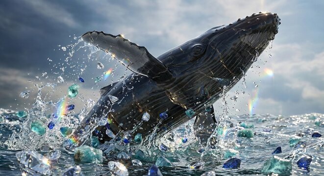 Majestic Humpback Whale Breaching the Ocean Surface Amidst Sparkling Splashes and Dramatic Skies - Powered by Adobe