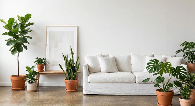 Moderm style white wall living room decorated with white sofa and green plants in the pots