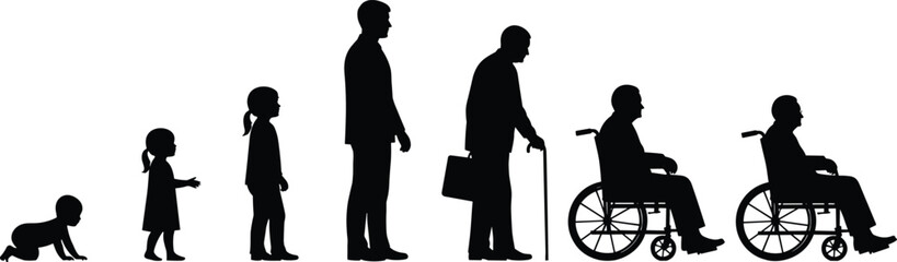 Fototapeta premium Human life cycle evolution silhouettes from crawling baby to childhood, adulthood, elderly man with walking stick, and senior disabled person in a wheelchair vector