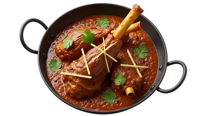 Rich and spicy lamb shank curry served traditionally in a black karahi with fresh coriander garnish