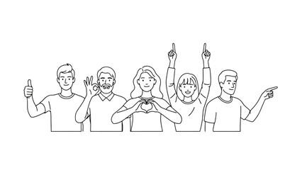 A diverse group of people making various hand gestures, including pointing, waving, and forming a heart shape. © Joniss
