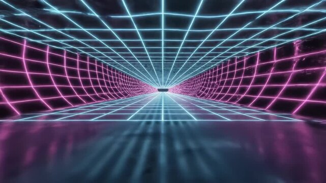 Neon grid tunnel perspective