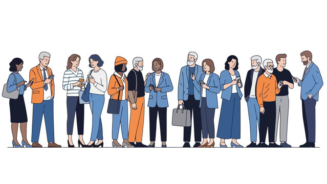 A diverse group of people of various ages and ethnicities standing in a line, many looking at their phones.