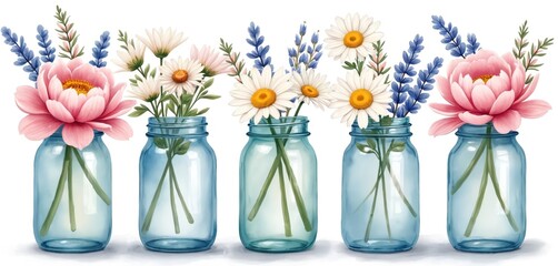 Watercolor floral art shows pink peonies white daisies blue lavender in glass jars. Soft pastel colors create a rustic country farmhouse vibe. Lovely natural decoration for home.