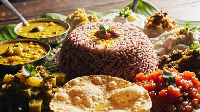 Banana-leaf thali with pink rice, dal, curry, papad, chutneys, herbs, spices, and vibrant sides. Yum