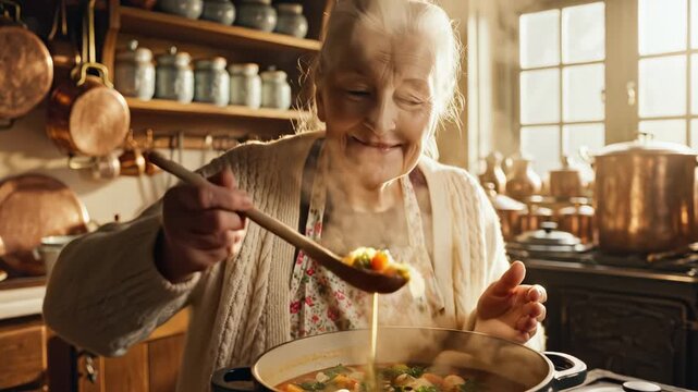 Elderly woman cooking in kitchen