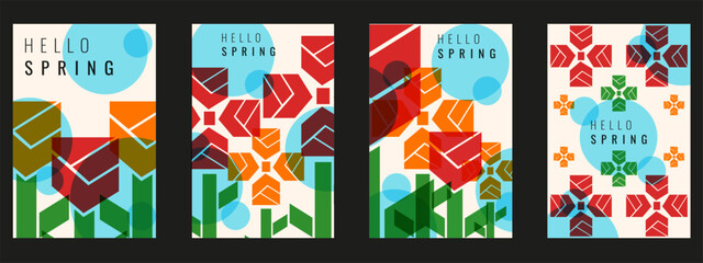 Modern 2026 Spring poster cover set. Vector illustration of modern Geometric Spring flowers with bold hello Spring message. EPS 10 © Svetlana
