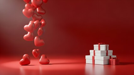 Romantic cascade of glossy red hearts falling around a stack of white gift boxes on a deep red background.