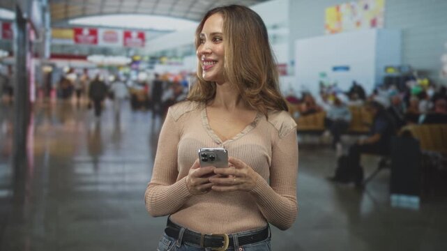 Woman holding smartphone and smiling in a beige sweater, sometimes pointing with finger, standing in a busy airport terminal; travel joy.