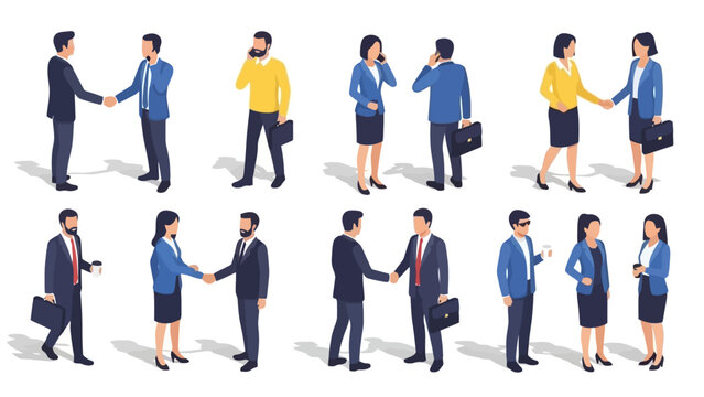 Isometric illustrations of business people shaking hands and talking on phones, representing professional interactions and meetings.