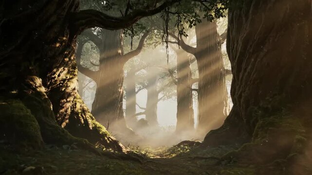 Ethereal golden sunbeams illuminate a foggy, digitally rendered fantasy forest video game background.
