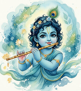 Lord Krishna playing flute in Vrindavan forest with cows and river watercolor illustration