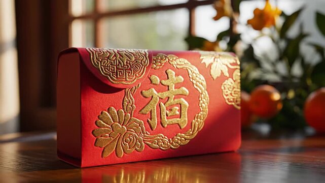 Exquisitely designed red envelope with intricate gold blessings, a vibrant symbol of prosperity and good fortune, perfect for festive cultural celebrations