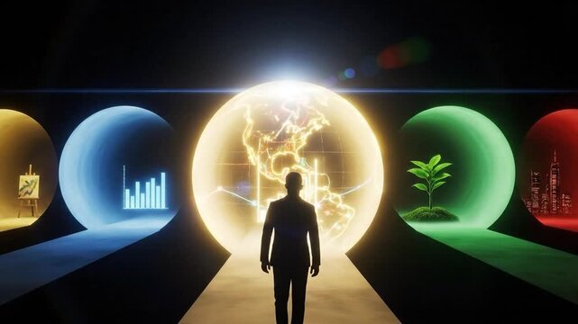 Businessman standing before spherical worlds conceptual illustration