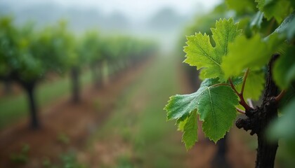 Close up photo of green grape leaves. Rows of grapevines blur in distance. Concept of eco farming natural viticulture. Agriculture eco friendly farm. Organic vineyard in countryside.